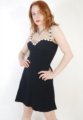 VINTAGE 90S Y2K BLACK DAISY STRAPPY DRESS