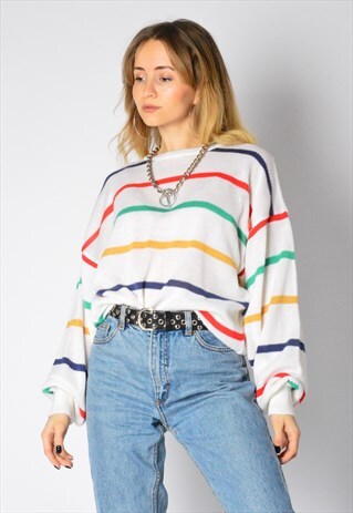 VINTAGE 90S WHITE COLOURFUL STRIPED JUMPER
