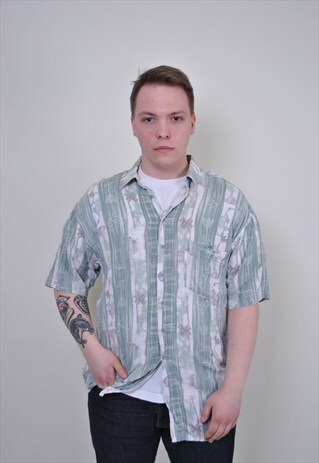 80S STRIPED MEN'S SHIRT, VINTAGE FLORAL PRINT SUMMER SHIRT