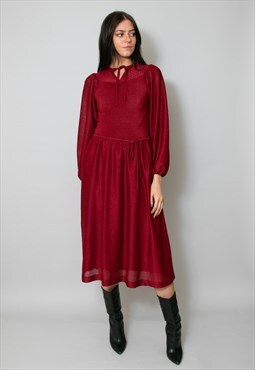 70's Vintage Dark Red Bell Sleeve Ladies Midi Dress Small