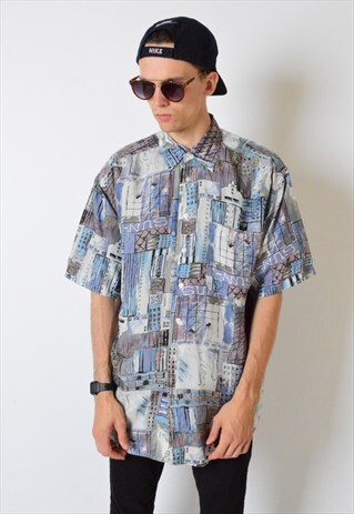 VINTAGE 90S ABSTRACT SKYLINE SHORT SLEEVE SILK SHIRT