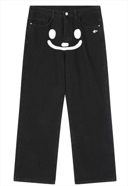 Emoji jeans smile print denim pants bleached joggers black