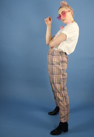 HIGH WAIST TARTAN TROUSERS IN PINK