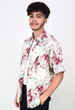 VINTAGE 90'S WHITE, BLUE & RED HAWAIIAN FESTIVAL SHIRT