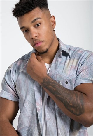 VINTAGE 80S CRAZY PATTERN FESTIVAL SHORT SLEEVE SHIRT /S6791