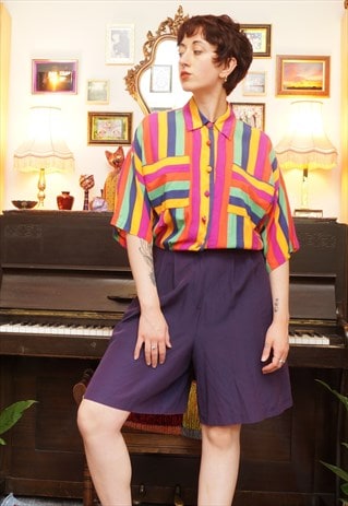 VINTAGE 80S COLOURFUL STRIPE JUMPSUIT WITH NAVY SHORTS
