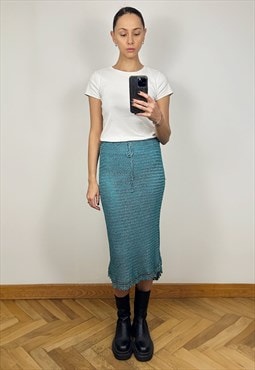 High Waist Knit Turquoise Pencil Midi Skirt