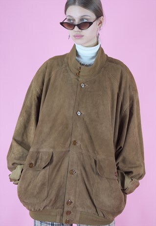 VINTAGE LEATHER JACKET BOMBER IN BROWN SUEDE WITH POCKETS