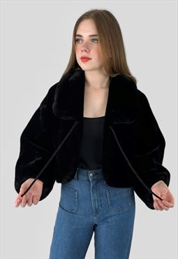 80's Black Faux Fur Cropped Ladies Jacket Coat