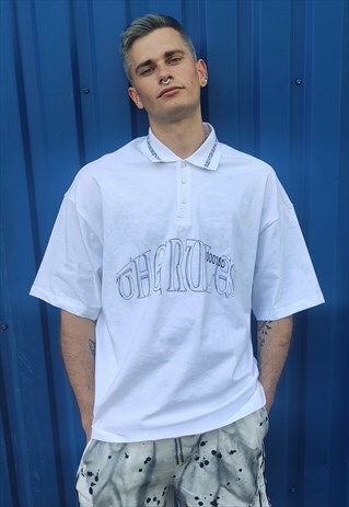 OVERSIZED TRIBAL SLOGAN POLO SHIRT Y2K INSPIRED COLLAR TOP