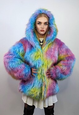 Hooded rainbow faux fur jacket unicorn bomber neon rave coat