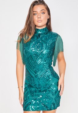 Kylie vip green tassel fringe sequin party illusion dress