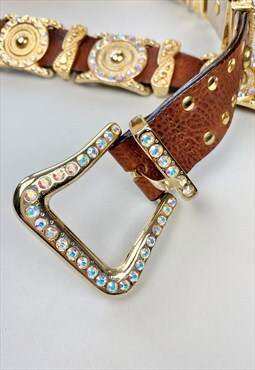 80's Vintage Brown Leather Belt Diamante Gold Studs