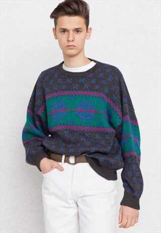 VINTAGE GREY GANT RUGGER ROUND NECK KNIT JUMPER SWEATER