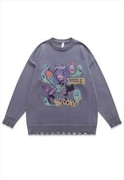 Anime sweater spooky jumper ripped knitted Kawaii top grey