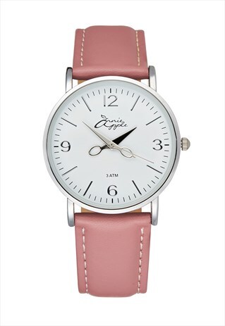 ANNIE APPLE SILVER &PINK LEATHER HAIRDRESSERS SCISSOR WATCH