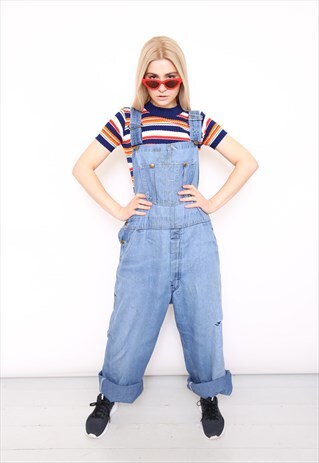 VINTAGE 90S DISTRESSED BLUE DENIM DUNGAREES