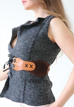 Medieval Style Fairy Sleeveless Vest Gilet Leather Belt Grey