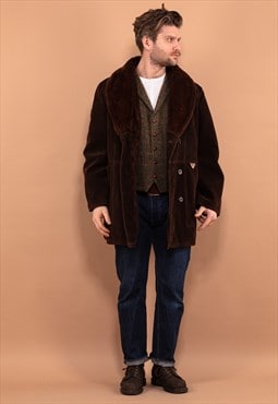 Vintage 90's Men Faux Sheepskin Coat in Brown