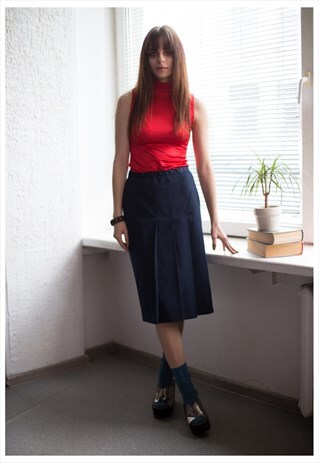 VINTAGE80'S MIDI NAVY HIGH WAIST PLEATED FRONT DETAILS SKIRT