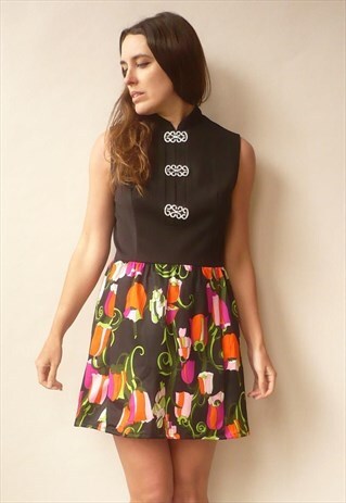 1970'S VINTAGE PSYCH BOHEMIAN FLORAL PRINTED BABYDOLL DRESS