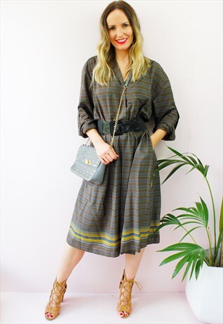 VINTAGE 80'S RETRO STRIPED A LINE MIDI DRESS