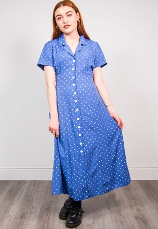 VINTAGE 90'S BLUE POLKA DOT SHORT SLEEVE MIDI DRESS