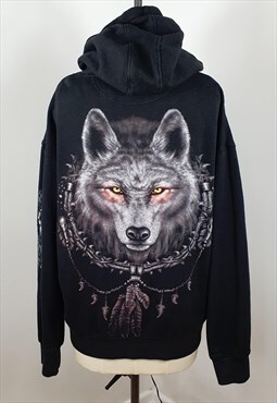 Vintage Full Zip Black Wolf Moon & Dreamcatcher Hoodie XL