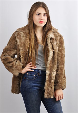 VINTAGE 1980'S LIGHT BROWN CROPPED FAUX FUR JACKET