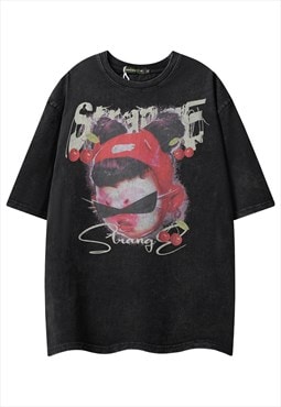 Strange anime t-shirt grunge kidcore tee raver top in black