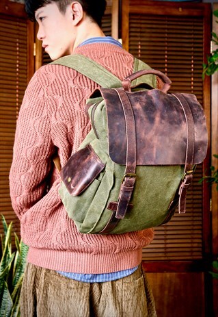 LEATHER COVER OLIVE RUCKSACK