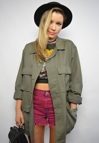 VINTAGE 90S OVERSIZED ARMY GREEN MILITARY SHIRT PUNK ROCKER