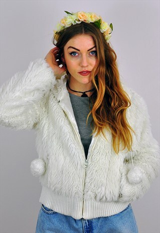 VINTAGE WHITE HOODED CROPPED FAUX FUR FESTIVAL JACKET
