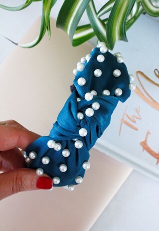 BLUE VELVET PEARL TOP KNOT ALICE HEAD BAND