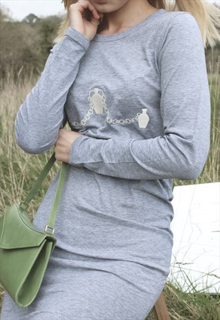 NUDE ETHICS ORGANIC VASE CHAINS EMBROIDERED GREY MIDI DRESS