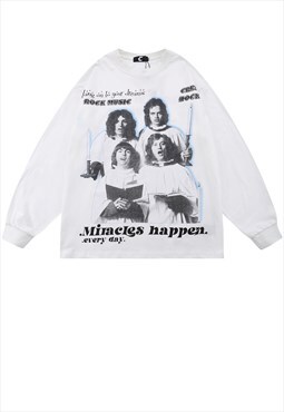 Vintage rock band t-shirt retro grunge long sleeve top white