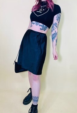 Vintage Y2K 90s Black Satin Lace Detail Midi Skirt