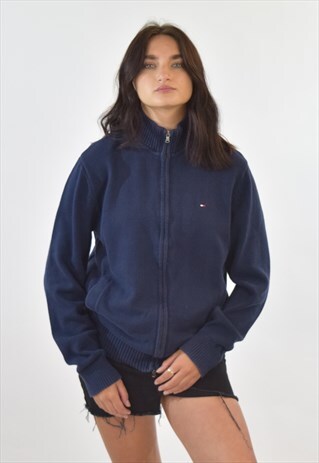 VINTAGE 90S BLUE TOMMY HILFIGER ZIP UP KNIT SWEATER