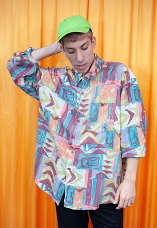 VINTAGE 80S SHIRT PINK PURPLE BLUE GEOMETRIC LONG SLEEVED