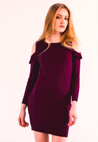 COLD SHOULDER FRILL SLEEVES KNITTED DRESS IN PURPLE COLOR