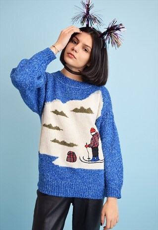 CUTE 80'S RETRO CHRISTMAS EMBROIDERY KNITTED JUMPER TOP