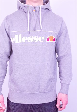 VINTAGE ELLESSE 1/4 ZIP HOODED SWEATSHIRT IN GREY LARGE