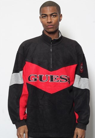 VINTAGE GUESS 1/4 ZIP SPELLOUT FLEECE RED AND BLACK