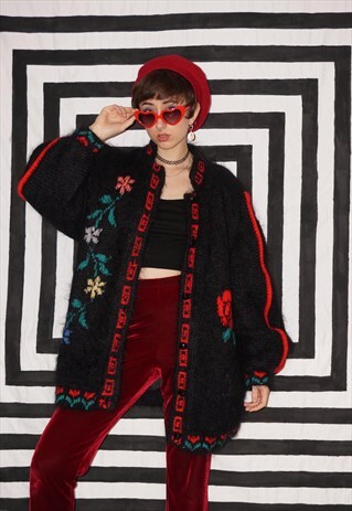 VINTAGE 80'S LINED FLORAL MOHAIR CARDIGAN