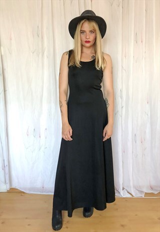 BLACK MAXI OCCASION EVENING A LINE VINTAGE DRESS
