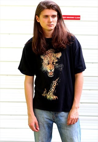1990'S VINTAGE BLACK GRAPHIC JAGUAR PRINT T-SHIRT