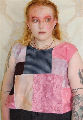 Patchwork Multi Coloured Pink Vest Top Vintage Handmade M/L