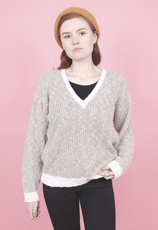 VINTAGE V-NECK CHUNKY KNIT JUMPER /R14019