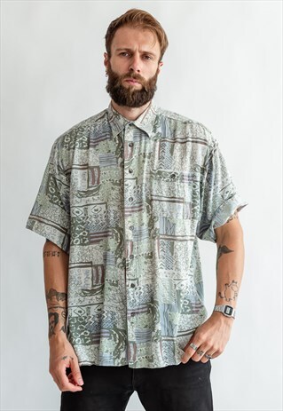 VINTAGE 70S BOHO FUNKY SHIRT IN GREEN PATTERN