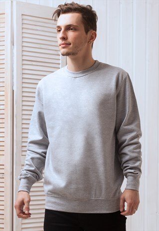 PLAIN UNPRINTED COTTON SWEATSHIRT JUMPER MENS GREY GRAY